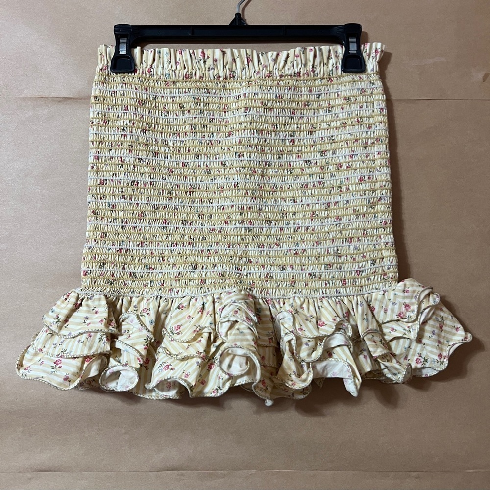Petersyn Barrett Skirt Smocked Ruffle Mini Skirt Floral Buttermilk Yellow Size M